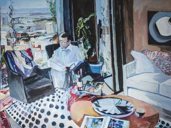 Title: Dr Stanley Quek in purple socks with Van Gogh and Matisse. Artist: Nicole Kelly. Subject: Stanley Quek.