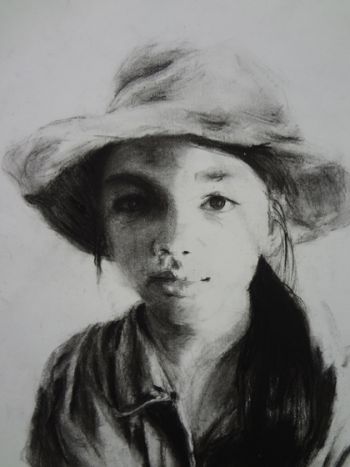 Artist: Jasmine Koong, Year: 9, Title: Self Portrait with Hat, Subject: Self Portrait